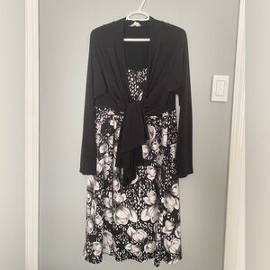Black and white floral midi dress - built in wrap - long sleeve